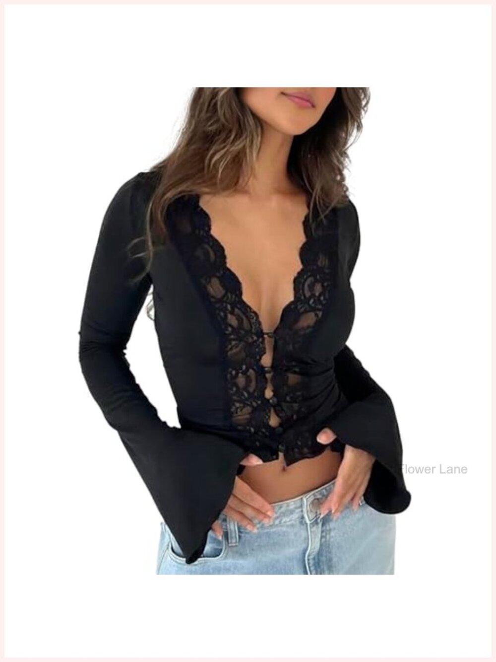 Women's Sexy Lace Trim Button Down Cropped Shirt Deep V Neck Long Sleeve Club